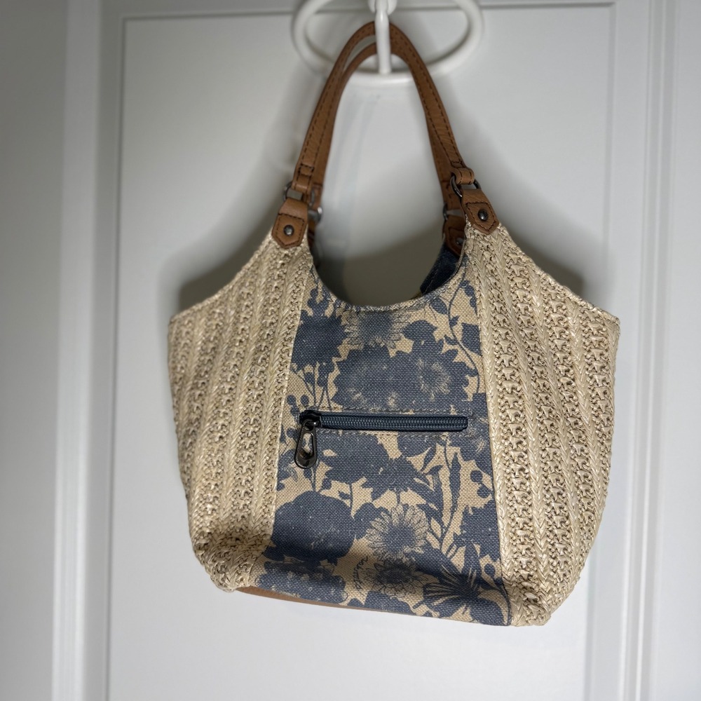 Sakroots Woven Straw Tote Bag Floral Print Leather Trim Butterfly Charm - Picture 3 of 4